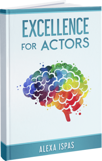 Book titled "Excellence for Actors" by Alexa Ispas with a colorful brain illustration on the cover
